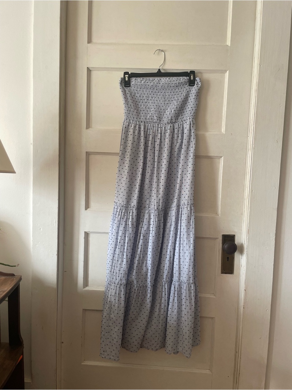 Smocked Maxi Skirt in Light Blue with Navy Polka Dots — Strapless